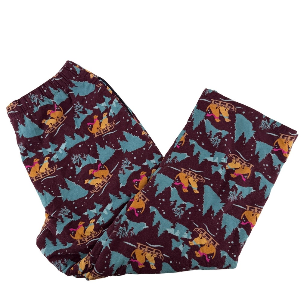 LL Bean Pajama Pants Womens XL Burgundy Sledding Dogs Flannel Sleep Bottoms Cozy